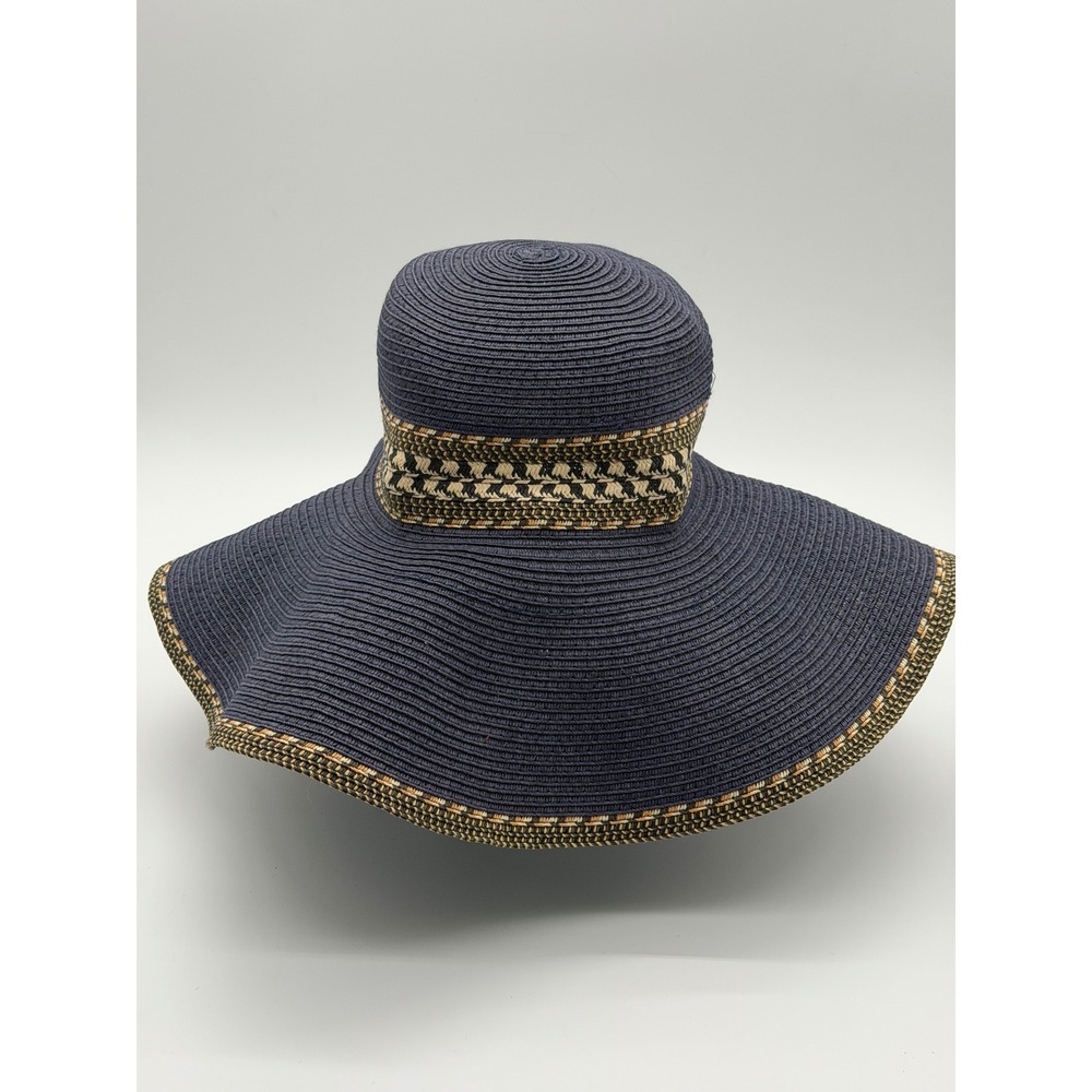 Joe Boxer Womens Navy Blue Wide Brim Floppy Straw Sun Hat Woven Band One Size